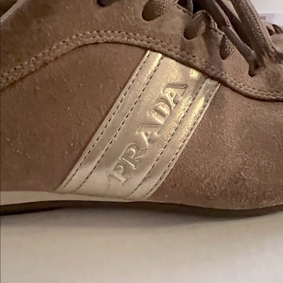 Prada Brown Suede Sneakers with Gold Accents - Picture 5 of 11